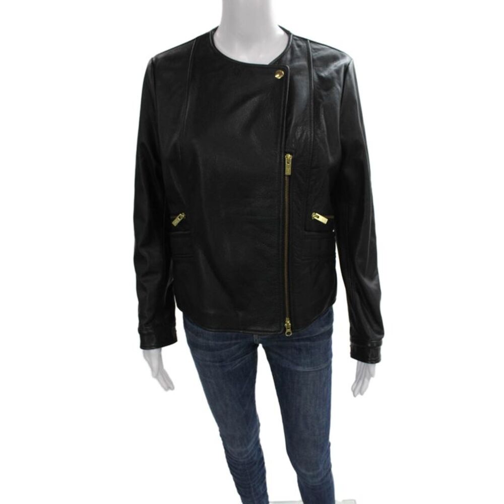 Hogan Womens Black Calf Leather Biker Jacket Zip Long Sleeve Size 44